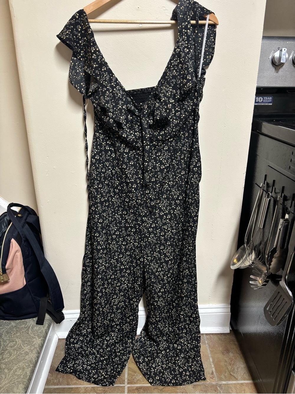Lulu's Black Floral Ruffle Strap Wide-Leg Jumpsuit